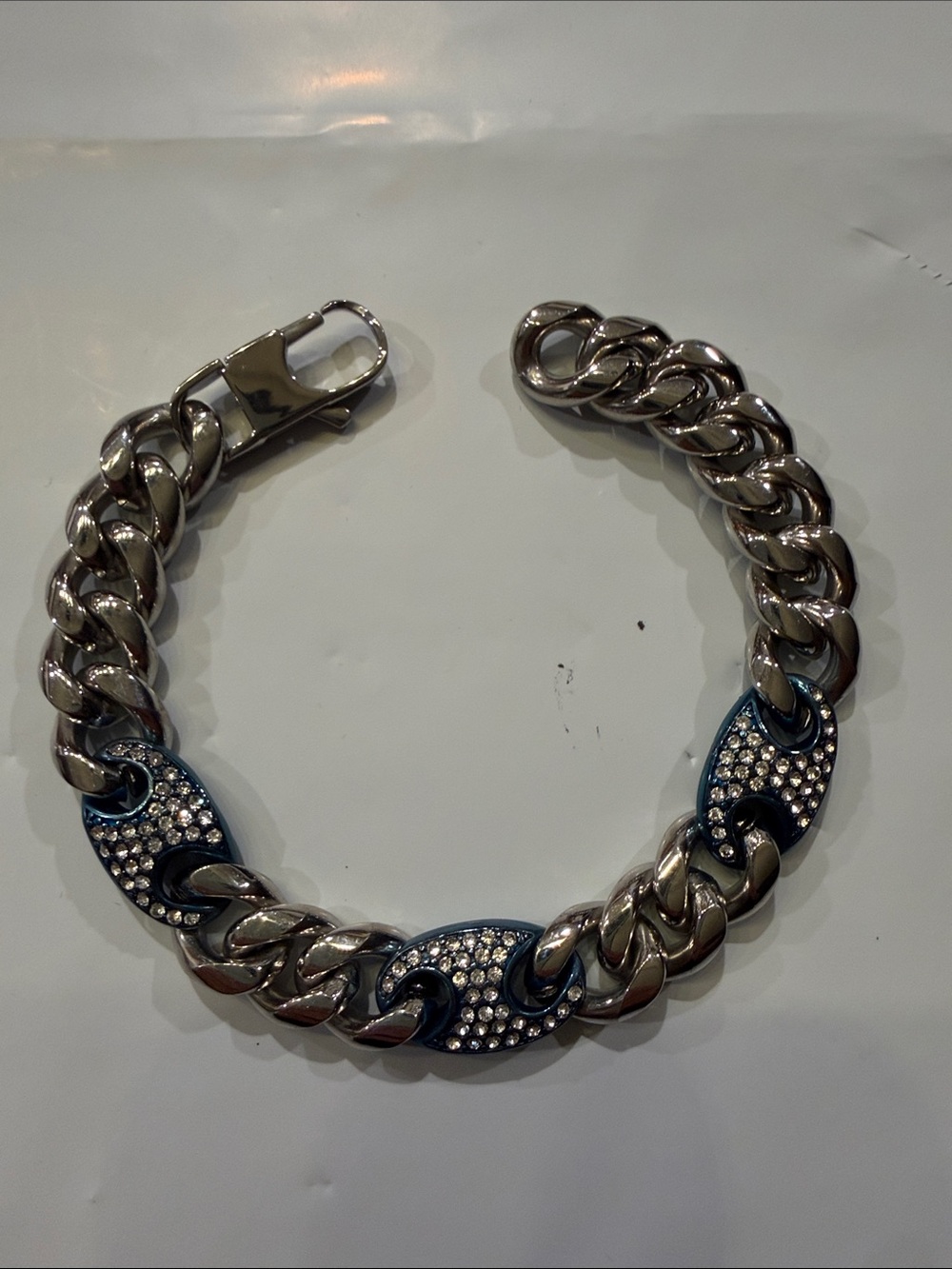 Vintage Bracelet Link Style Silver Tone Blue Iced Out Accents 8” Length 13.5m #9